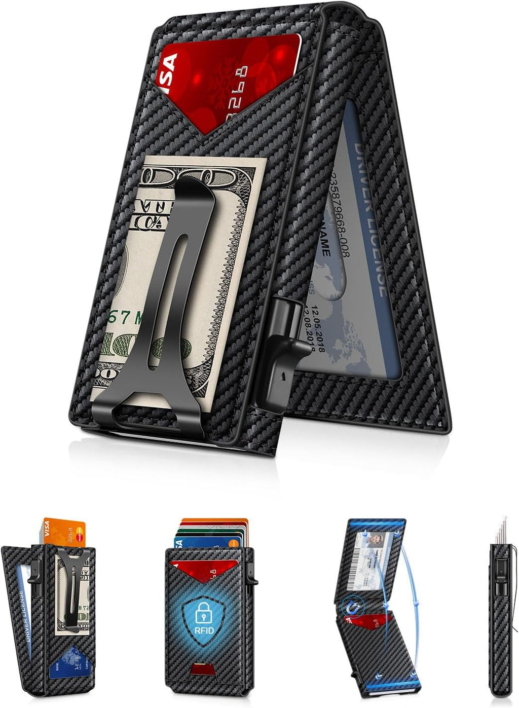 Wallet for Men RFID Wallet with Money Clip, Slim Pop Up Card Holder for 10-12 Cards, Minimalist Smart Credit Card Case with ID Window, Bifold Metal Wallet for Front Pocket, Gifts for Men