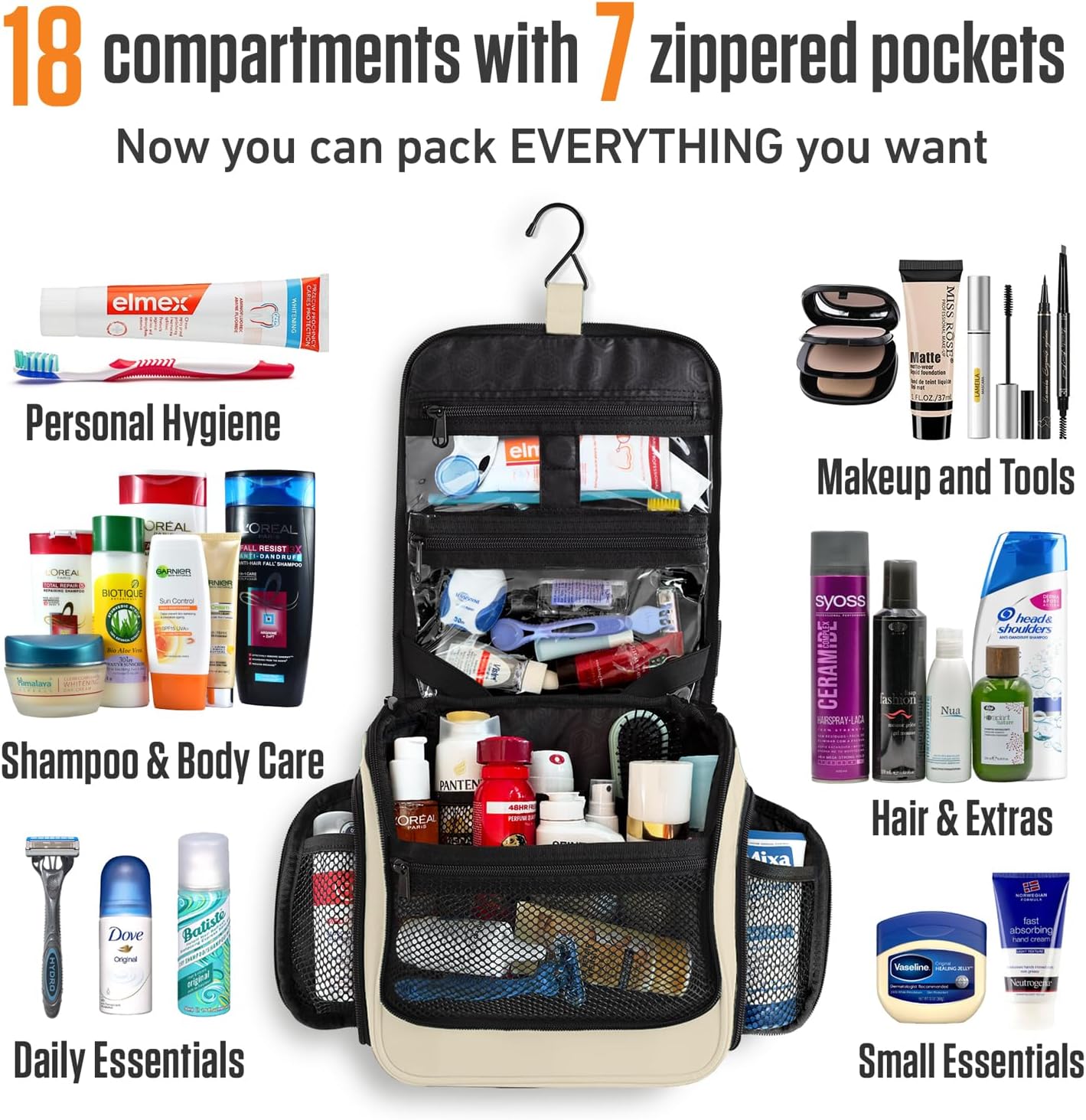 VENTURE 4TH Hanging Travel Toiletry Bag for Women & Men - Travel Organizer with Expandable Compartments & Removable Clear Pouch for Toiletries (Beige)