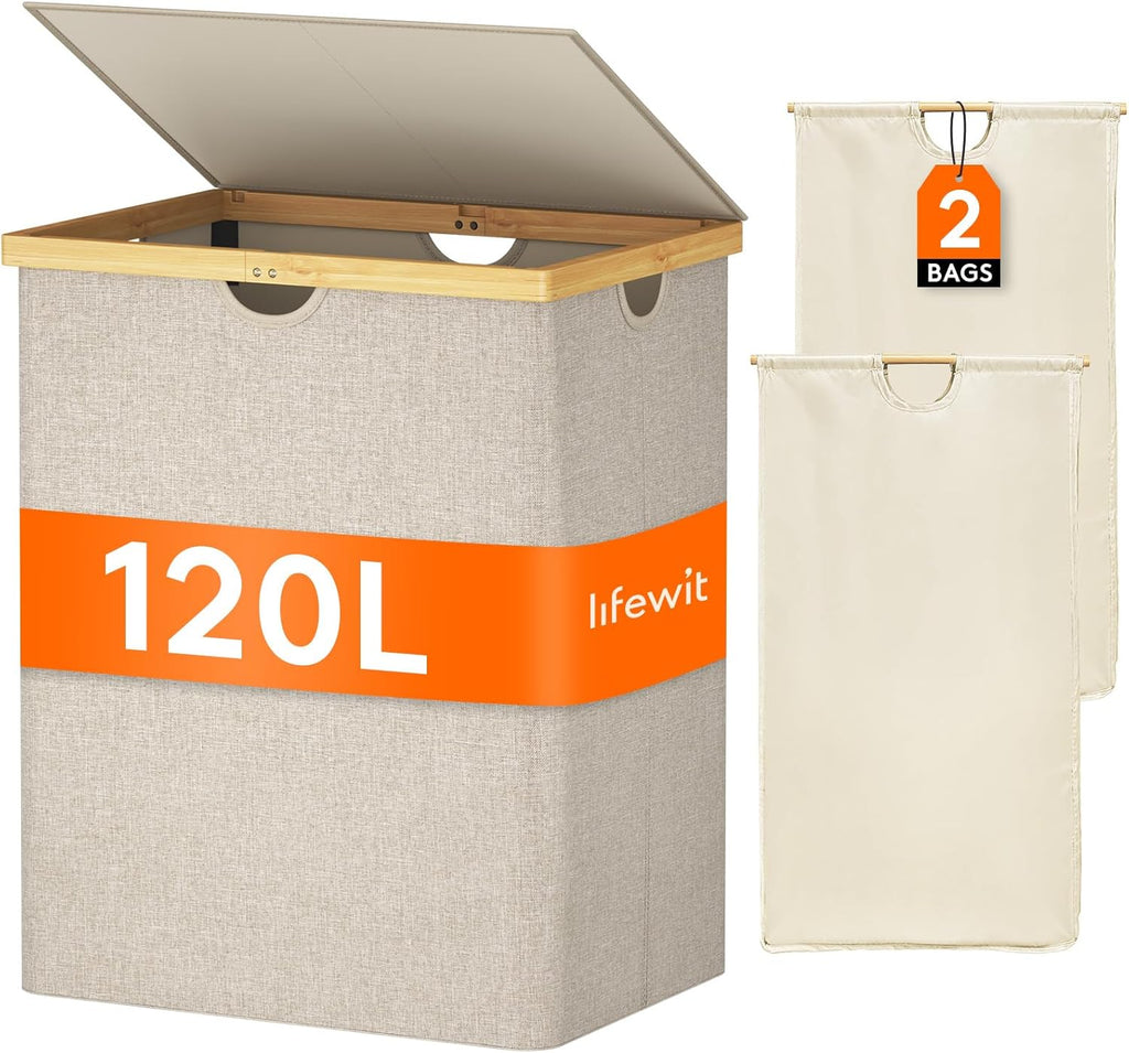Lifewit 120L Double Laundry Hamper with Lid, Extra Large Bamboo Laundry Basket Dirty Clothes Hamper, 2 Section Laundry Bin Organizer for Laundry Room Bedroom with 2 Removable Liners & Bags, Beige