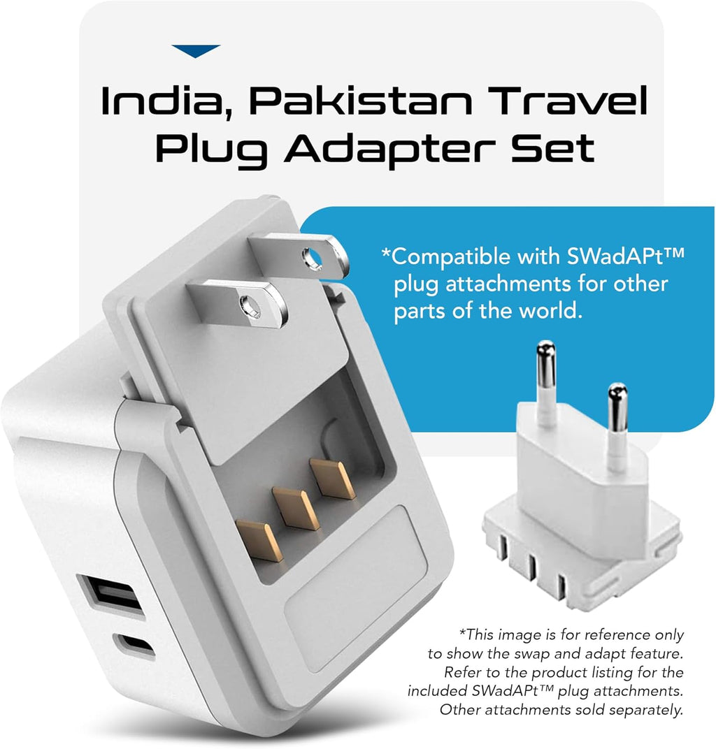 Ceptics India, Maldives Power Plug Adapter Travel Set, 20W PD & QC, Safe Dual USB & USB-C 3.1A - 2 USA Outlet - Compact - Use In Pakistan, Nepal, Bangladesh Includes Type D, Type C SWadAPt Attachments