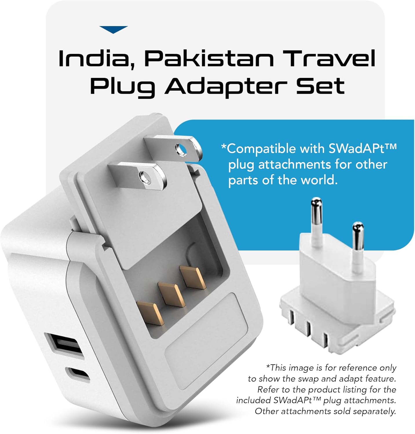 Ceptics India, Maldives Power Plug Adapter Travel Set, 20W PD & QC, Safe Dual USB & USB-C 3.1A - 2 USA Outlet - Compact - Use In Pakistan, Nepal, Bangladesh Includes Type D, Type C SWadAPt Attachments