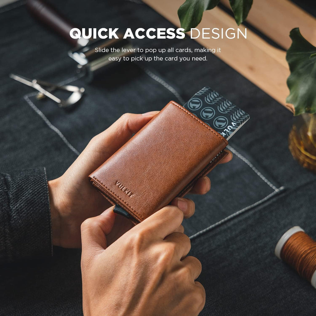 VULKIT Pop up Card Wallet Minimalist Cash Wallets RFID Blocking Leather Smart Credit Card Holder with ID window for Men(Brown)