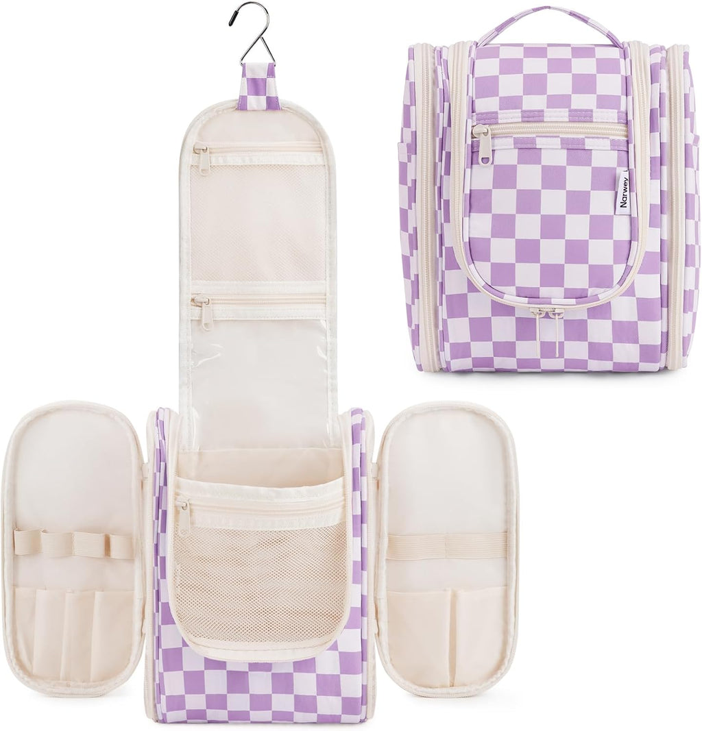 Narwey Small Checkered Hanging Travel Toiletry Bag for Women, Travel Bag for Toiletries, Makeup Bag Organizer Cosmetic Bags Make Up Bags for Women (Purple Checkerboard)