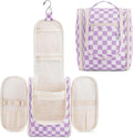 Narwey Small Checkered Hanging Travel Toiletry Bag for Women, Travel Bag for Toiletries, Makeup Bag Organizer Cosmetic Bags Make Up Bags for Women (Purple Checkerboard)