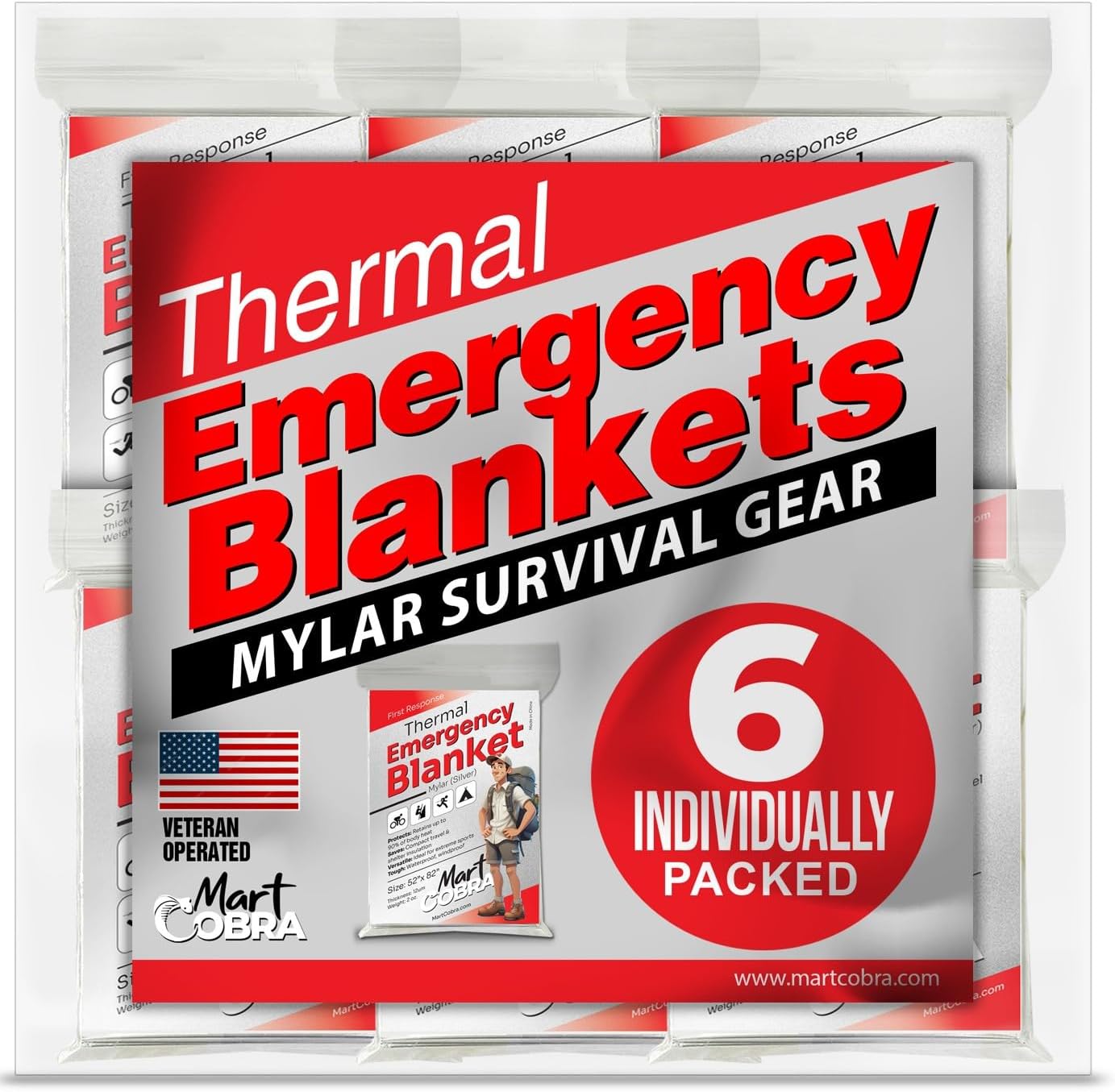 Emergency Blankets for Survival Gear and Equipment x6, Space Blanket, Mylar Blankets, Thermal Blanket, Survival Blanket, Survival Kits Emergency Kit, Emergency Supplies, Foil Blanket Camping Shelter