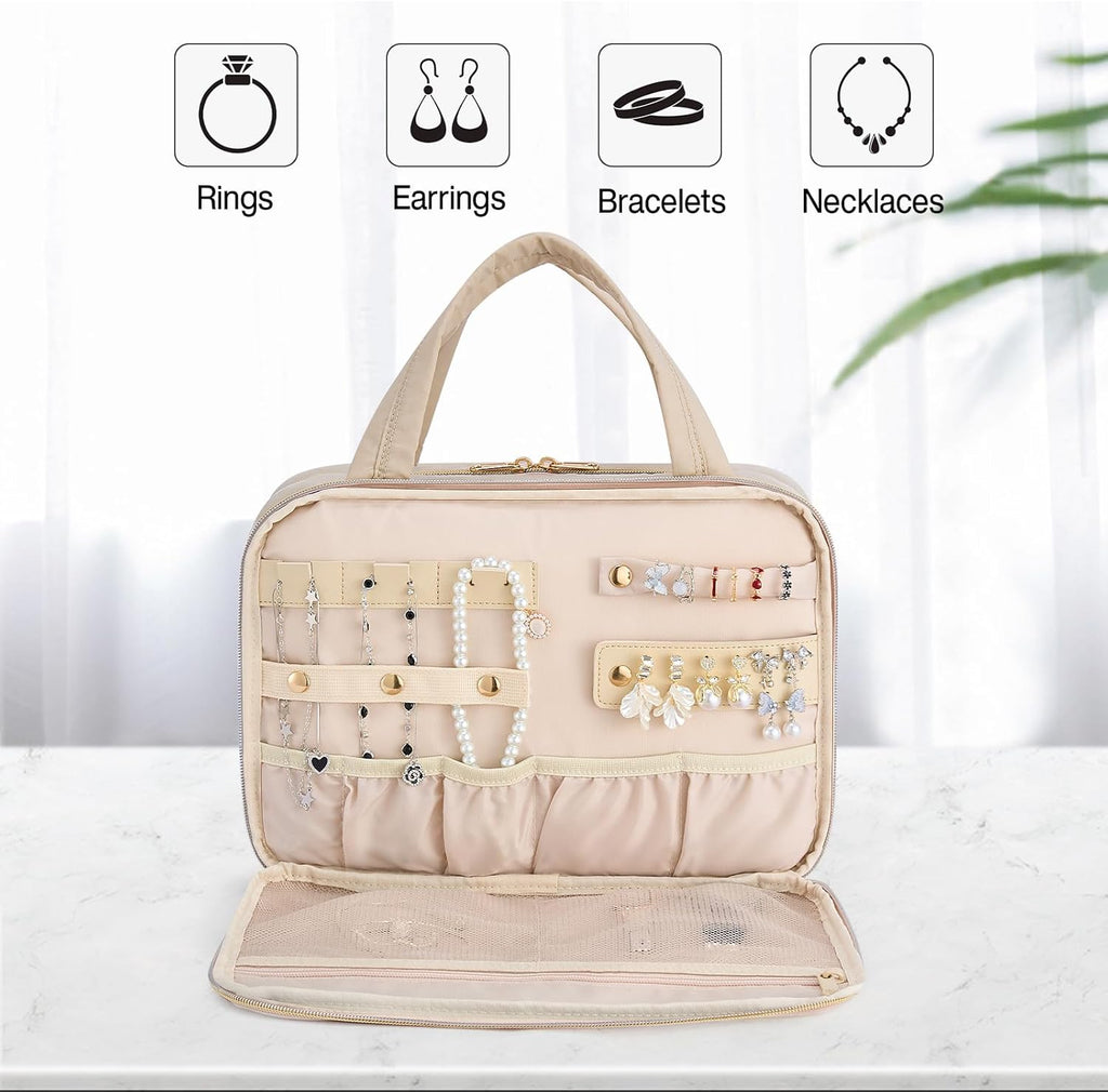 Hanke Hanging Travel Toiletry Bag for Women with Jewelry Organizer Compartment, Travel Essentials Toiletries and Makeup Bag, Water-Resistant & Stain-Resistant with Trolley Strap (Apricot)