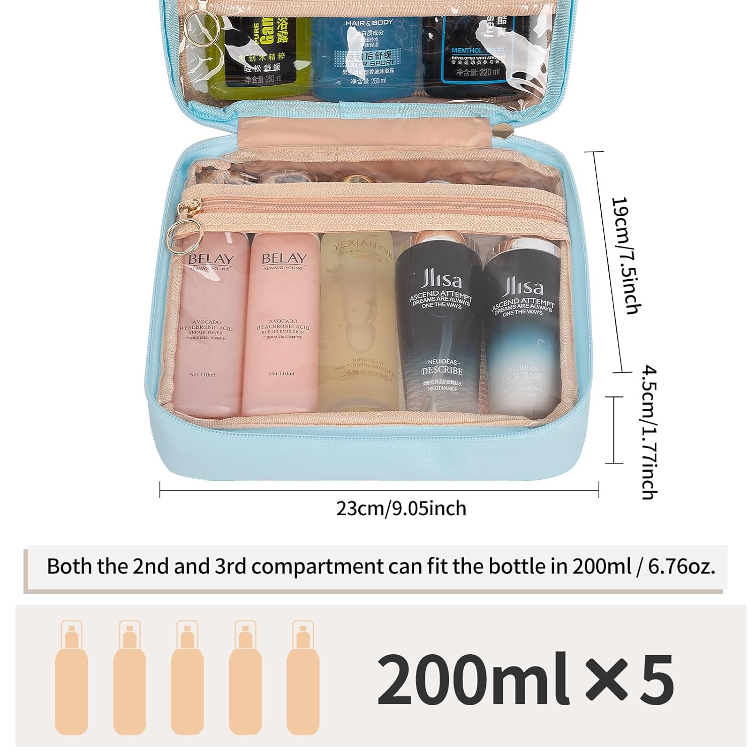 CUBETASTIC Hanging Travel Toiletry Bag, Clear Makeup Bag, Transparent 3 Comparment Small Travel Bag Cosmetic Organizer Case Portable Skincare Pouch with Handle (Blue, Small (Pack of 1))