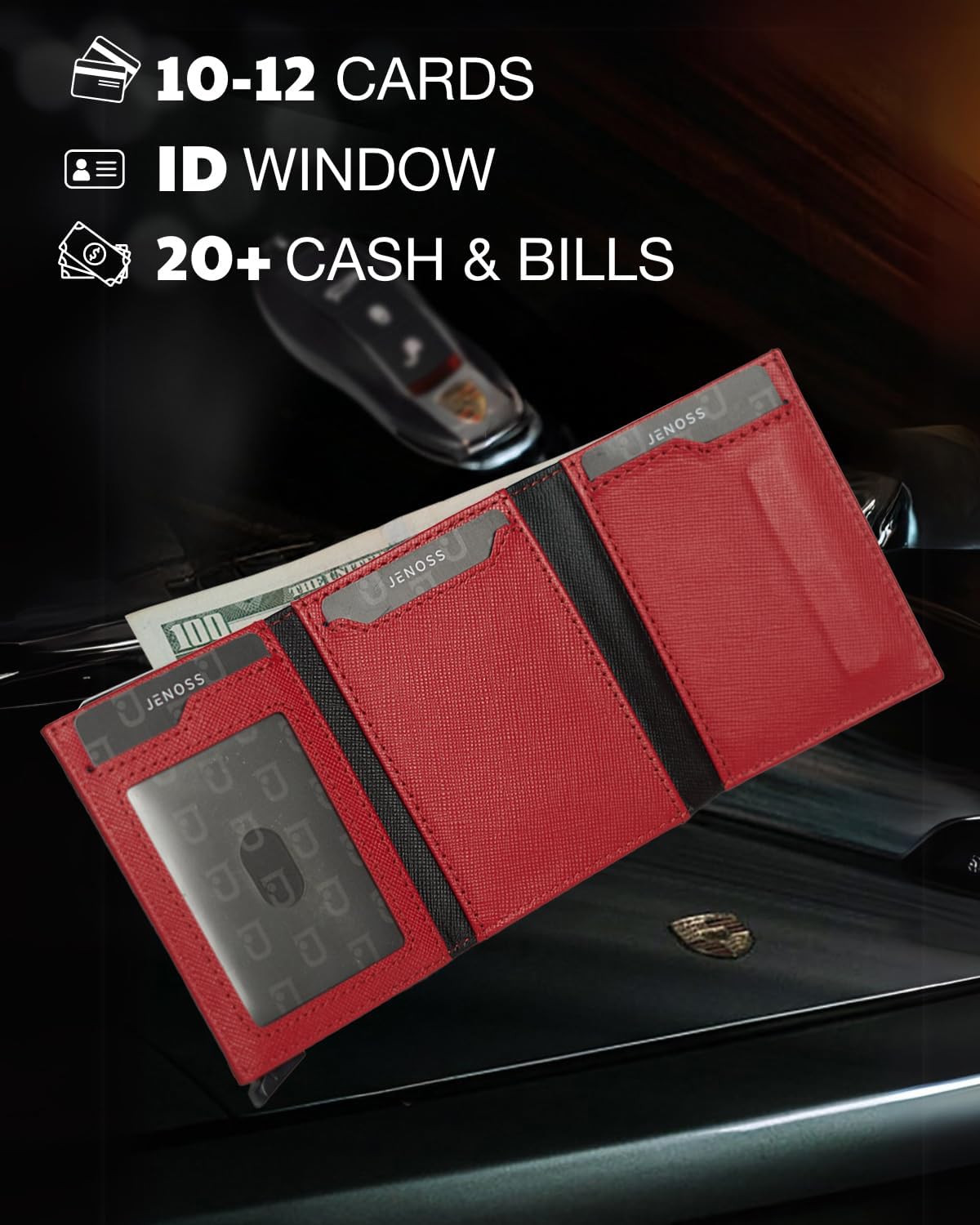 Jenoss Smart Wallet For Men & Women: Full Grain Leather, Handcrafted, Slide Metal Pop Up Case, Slim RFID Blocking Credit Card Holder Minimalist Compact 12 Cards Slot Organizers ID Clip (Red & Black)