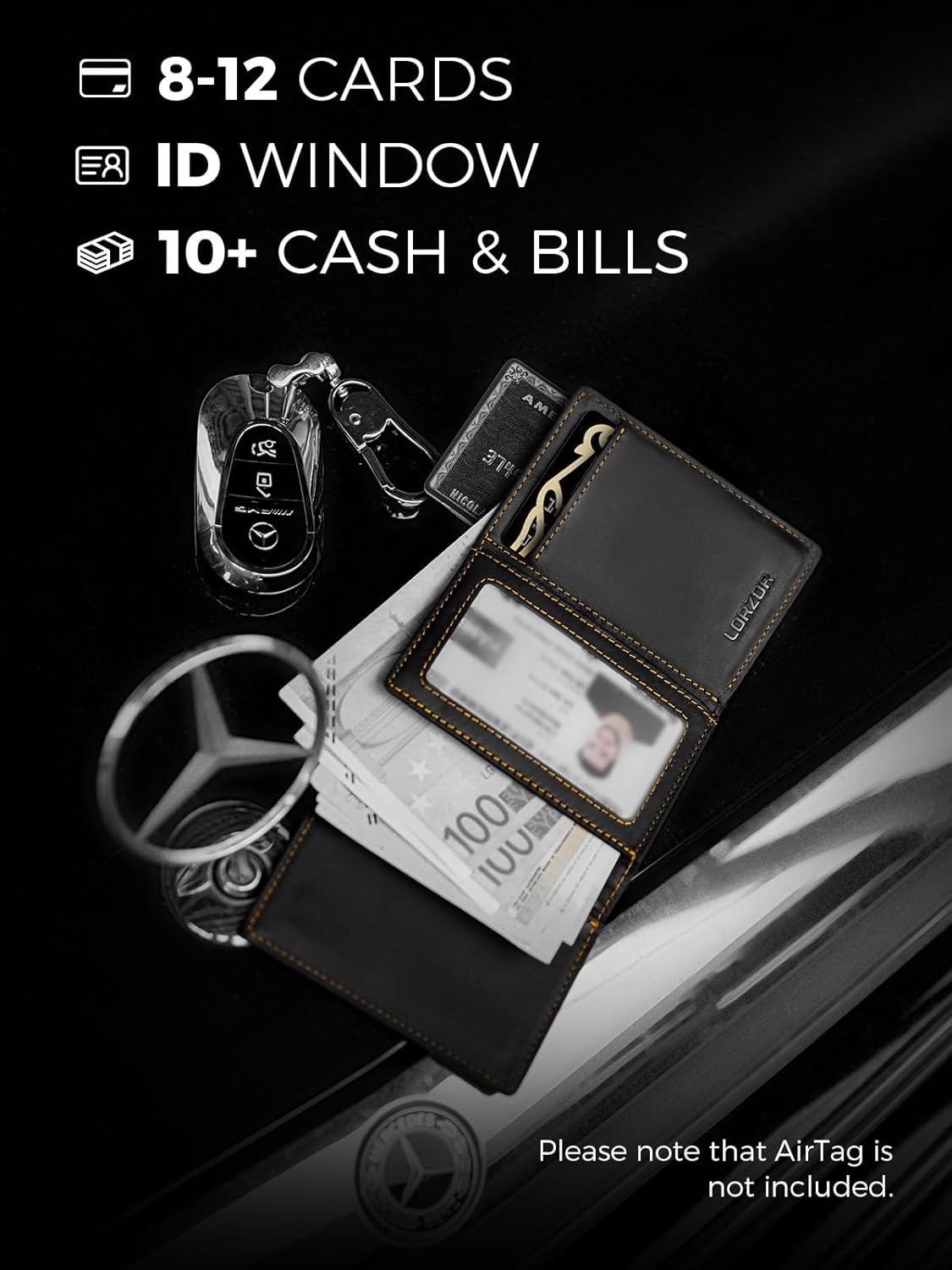 LORZOR Minimalist Wallet for Men with Credit Card Holder, Finest Full Grain Leather, Pop up Smart Wallet, Trifold Slim Wallet, RFID Blocking, Front Pocket, ID Window (Black/Yellow Black)