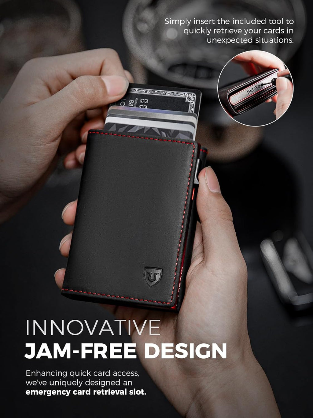 LORZOR Wallet for Men with Metal Card Holder, Pop Up Wallet, Finest Full Grain Leather Trifold Wallet, Smart, Minimalist, RFID Blocking, Front Pocket, ID Window, Black/Red