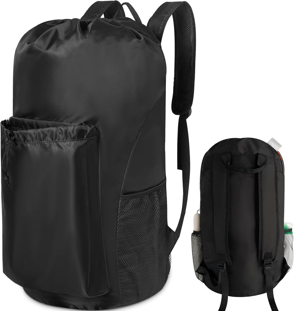 Polecasa Heavy Duty Backpack Laundry Bag, 29 x 13.5 Inches Hamper bag with Padded Shoulder Straps,130gsm Durable Fabric and 4 Pockets, Large Drawstring Bag for Dorm, College, Travel, Black