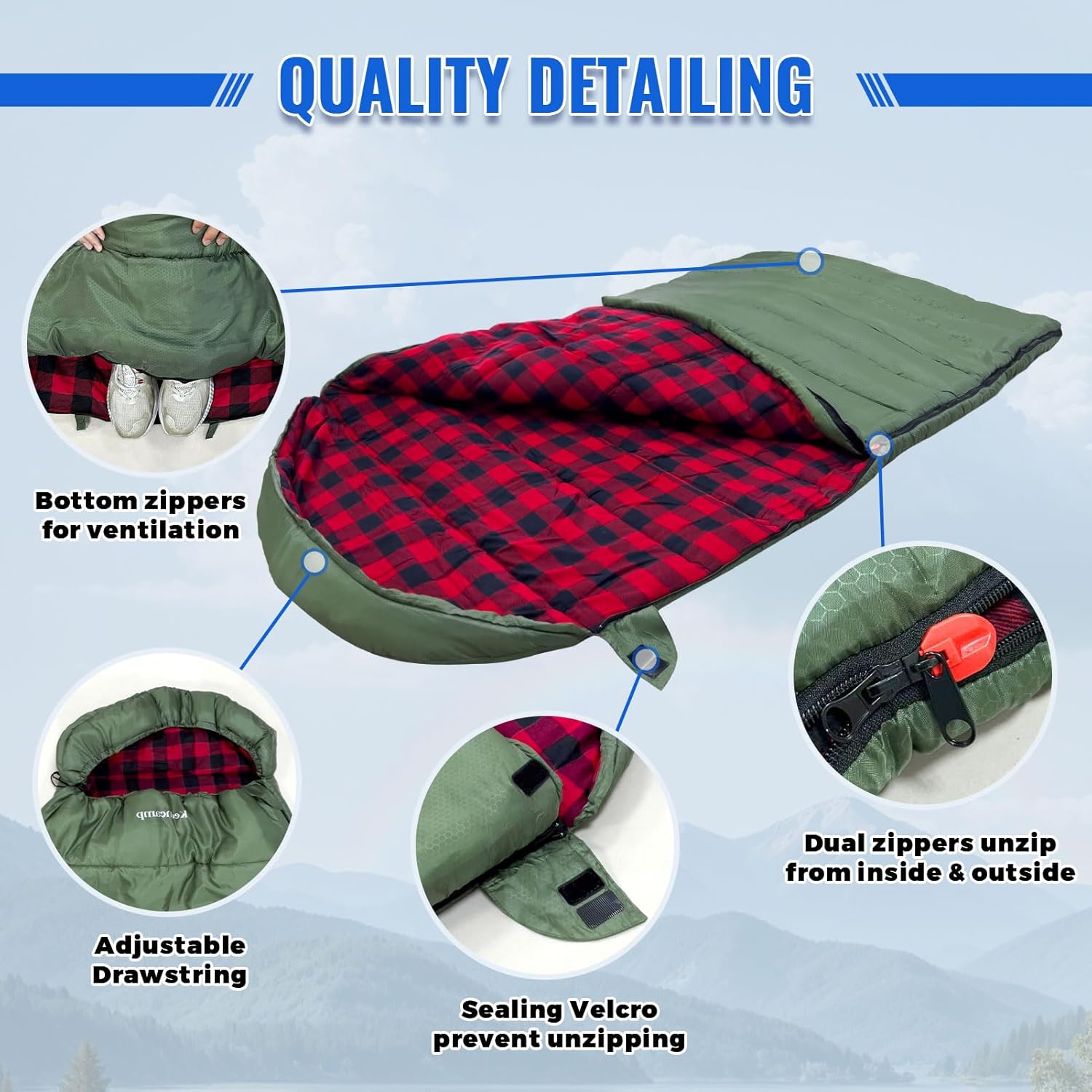 0 Degree Sleeping Bag Cotton Flannel Winter Cold Weather for Adults XXL Sleeping Bag 4 Season Big and Tall with Pillow Compression Sack