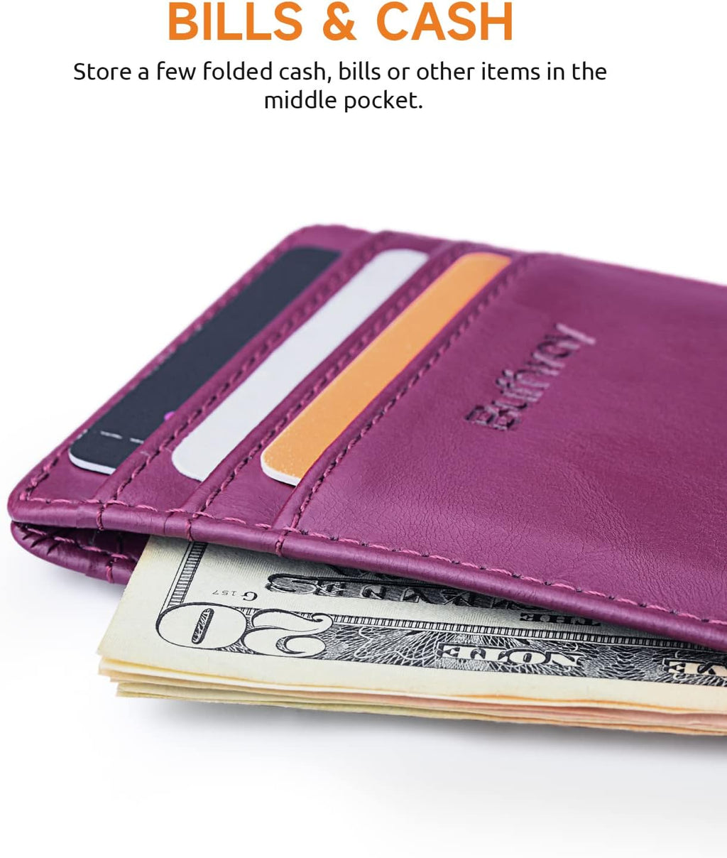 Buffway Mens Slim Wallet, Minimalist Thin Front Pocket Leather Credit Card Holder with RFID Blocking for Work Travel