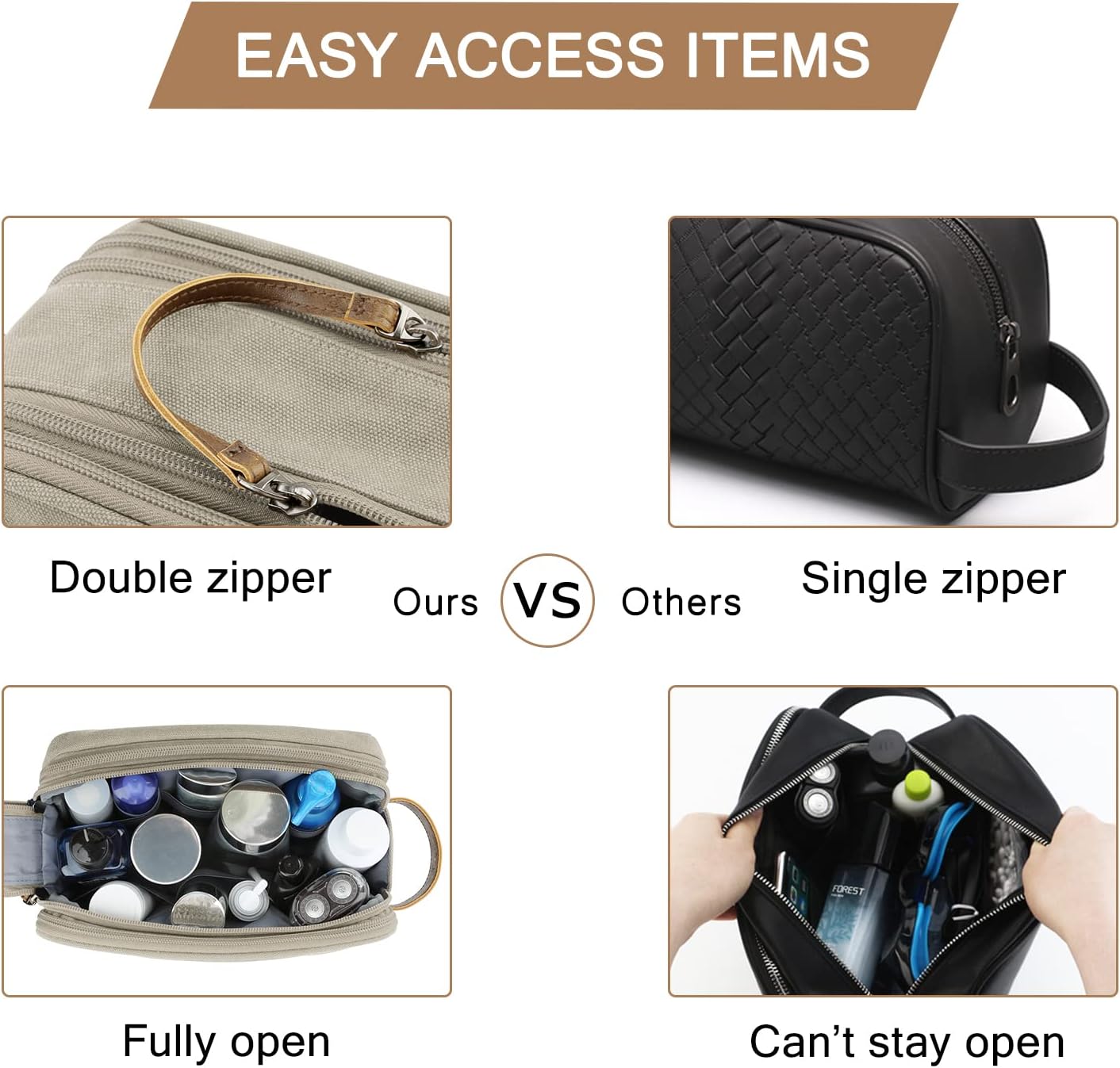 BAGSMART Toiletry Bag for Men, Canvas Travel Toiletry Organizer Dopp Kit Water-resistant Shaving Bag for Toiletries Accessories,Beige-Medium