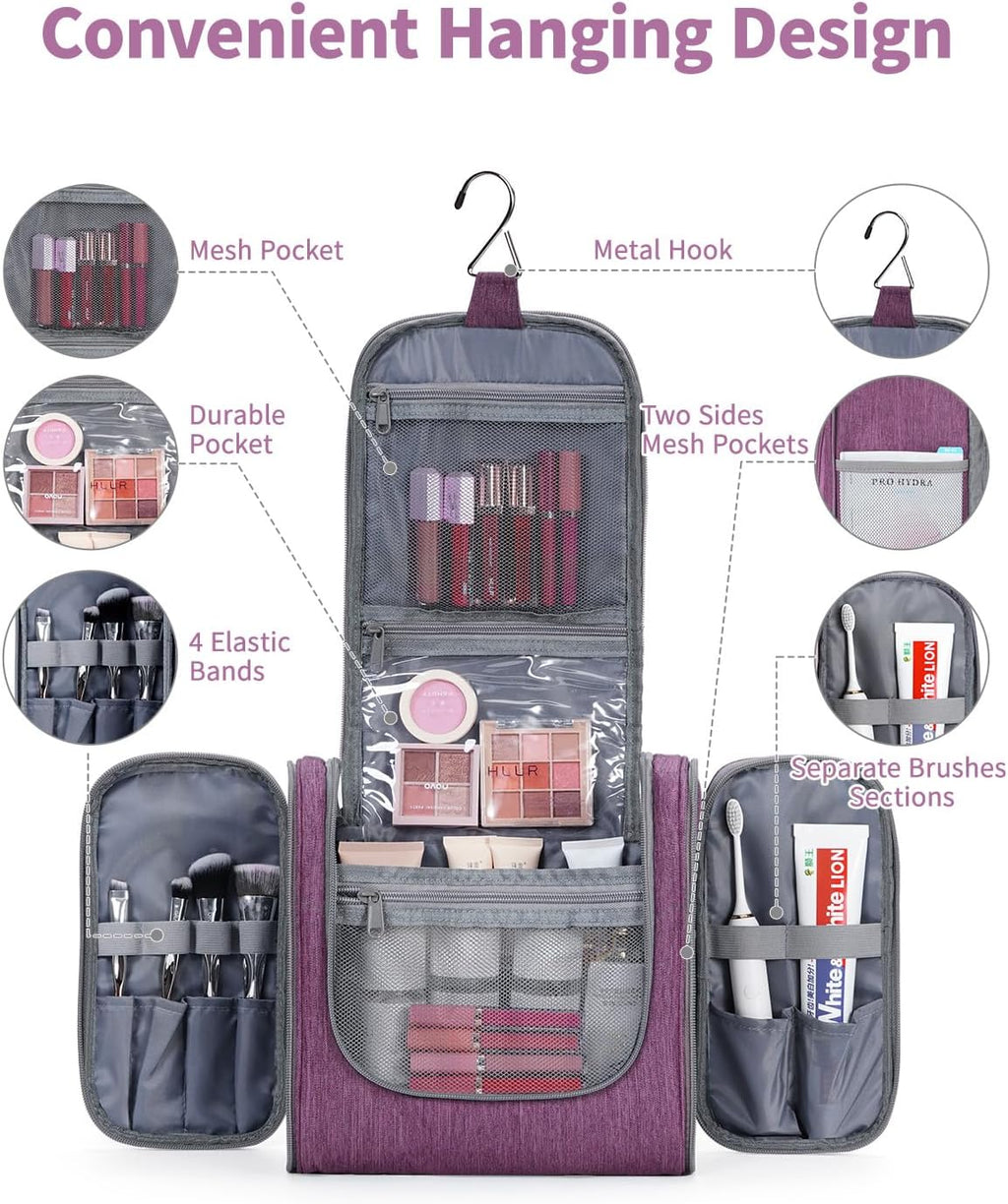 Hanging Toiletry Bag for Women Travel Makeup Bag Organizer Toiletries Bag for Cosmetics Essentials Accessories (Large, Dark Purple)