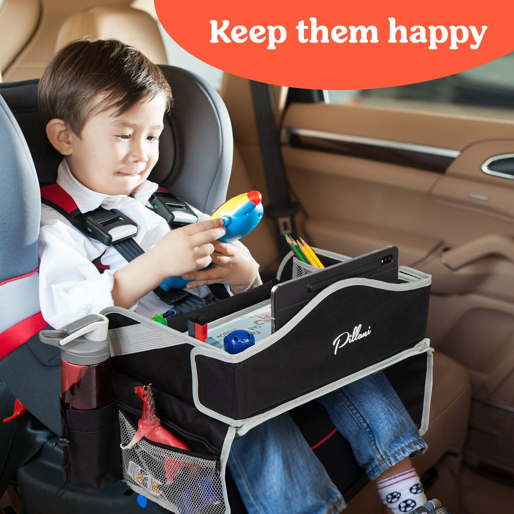 PILLANI Kids Travel Tray for Car - Car Seat Tray for Kids, Road Trip Essentials Must Haves - Carseat Table Roadtrip Activities - Toddler Lap Desk Organizer for Airplane - Travel Essentials - Pack of 2