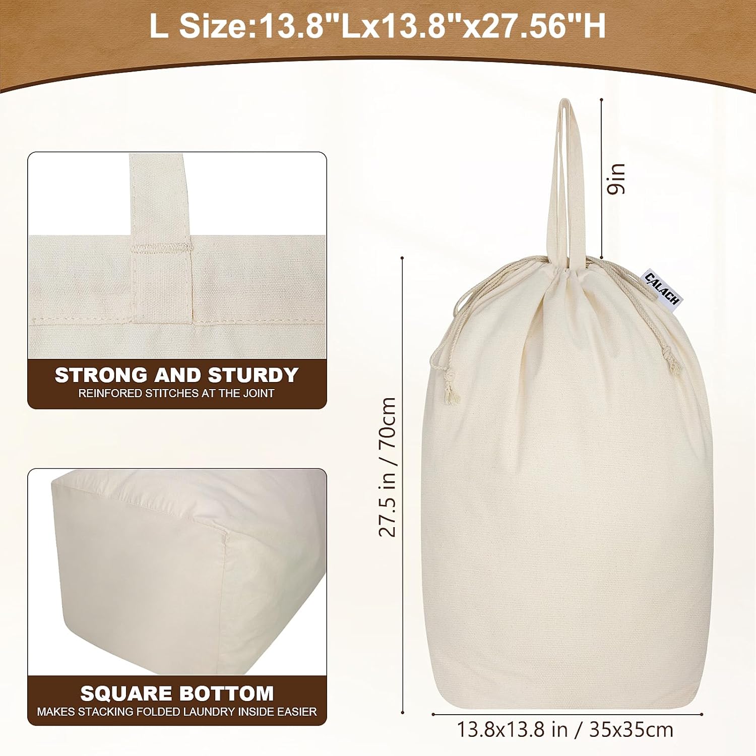 Canvas Laundry Bags with Handles & Square Base 13.8"x 13.8", Large Heavy Duty Laundry Basket Hamper Liner, College Dorm Washable Drawstring Cotton Dirty Clothes Bag (Natural,1 Pack)