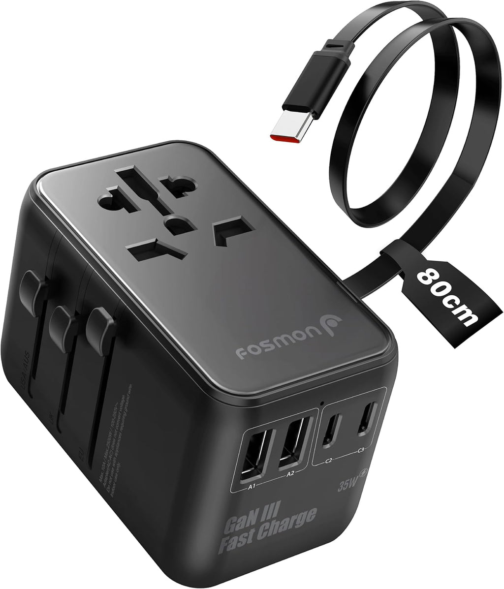 Fosmon Universal Travel Adapter Worldwide with Built-in USB C Cable, 35W GaN III/PD Fast Charging International Travel Plug Adapter, 6 in 1 Power Charger Outlet with 4 USB Ports for US to EU UK AUS