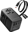 Fosmon Universal Travel Adapter Worldwide with Built-in USB C Cable, 35W GaN III/PD Fast Charging International Travel Plug Adapter, 6 in 1 Power Charger Outlet with 4 USB Ports for US to EU UK AUS