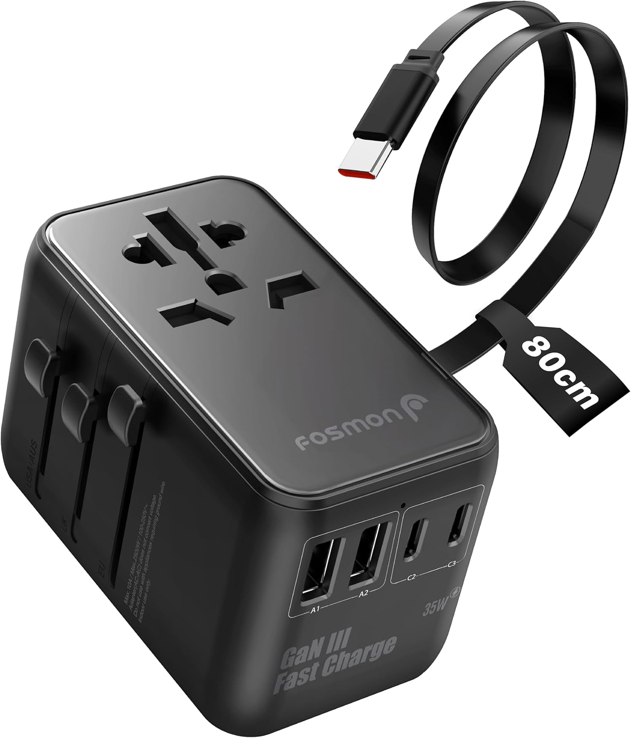 Fosmon Universal Travel Adapter Worldwide with Built-in USB C Cable, 35W GaN III/PD Fast Charging International Travel Plug Adapter, 6 in 1 Power Charger Outlet with 4 USB Ports for US to EU UK AUS