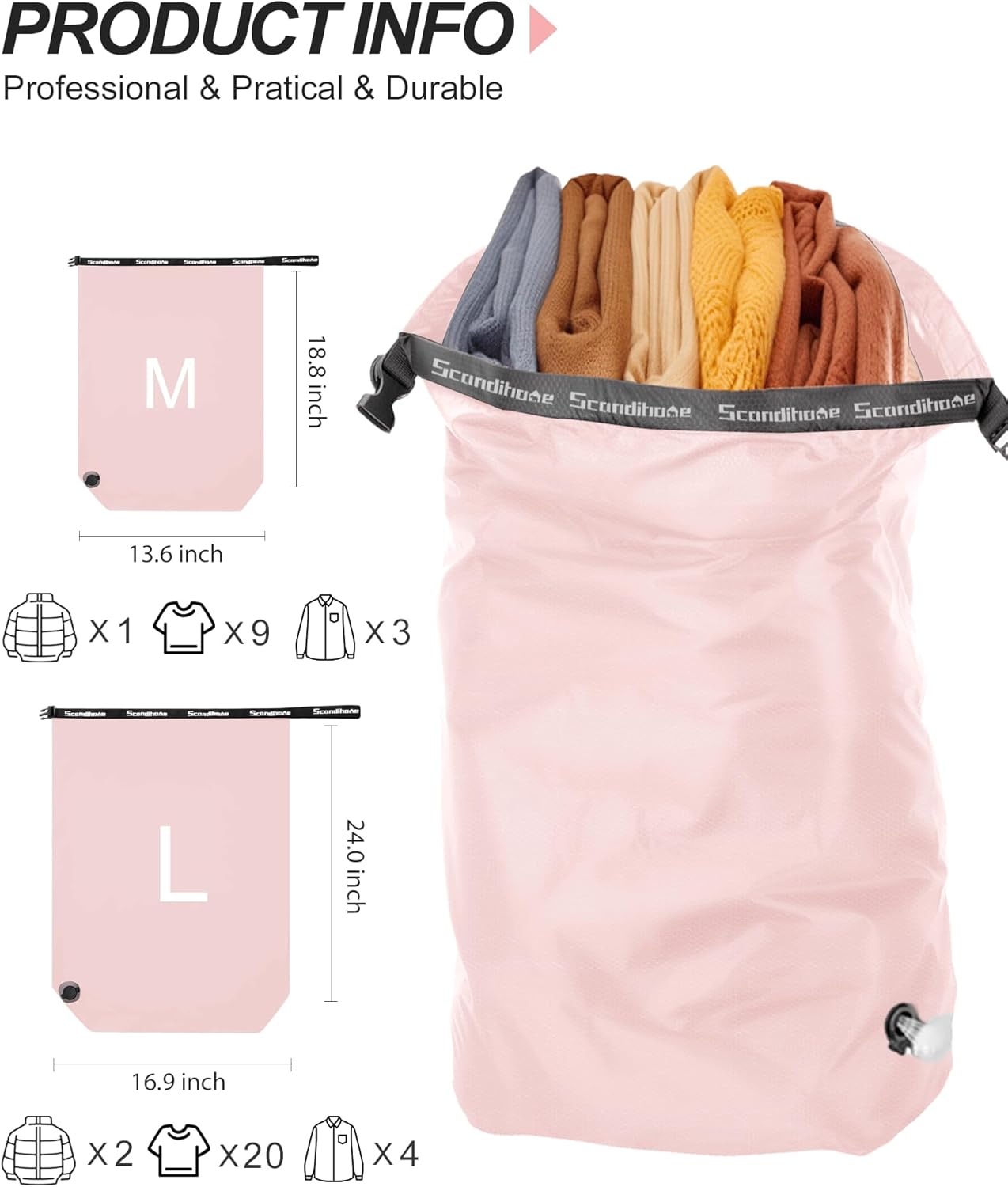 Travel Laundry Bag, Pump Free Vacuum Storage Bag Reusable Compression Dirty Clothes Travel Bag Waterproof Wet Dry Bags Large Capacity Space Saver Bags Camp Clothes Organizer (1 Pcs)(Pink, M)