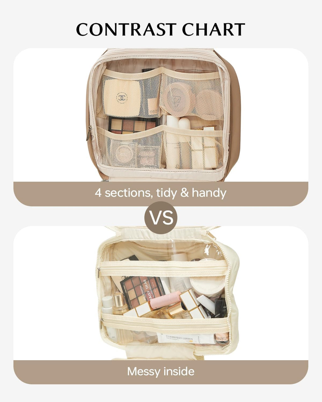 EACHY Toiletry Bag with Hanging Hook, Travel Makeup Bag PU Leather Cosmetic Bags for Women Make Up Organizer with 4 Compartments Waterproof Full-Size Portable Travel Essentials (Etoupe Grey-Pro)