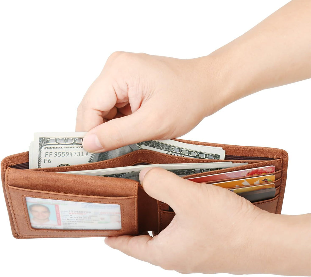Wallet for Men-Genuine Leather RFID Blocking Bifold Stylish Wallet With 2 ID Window