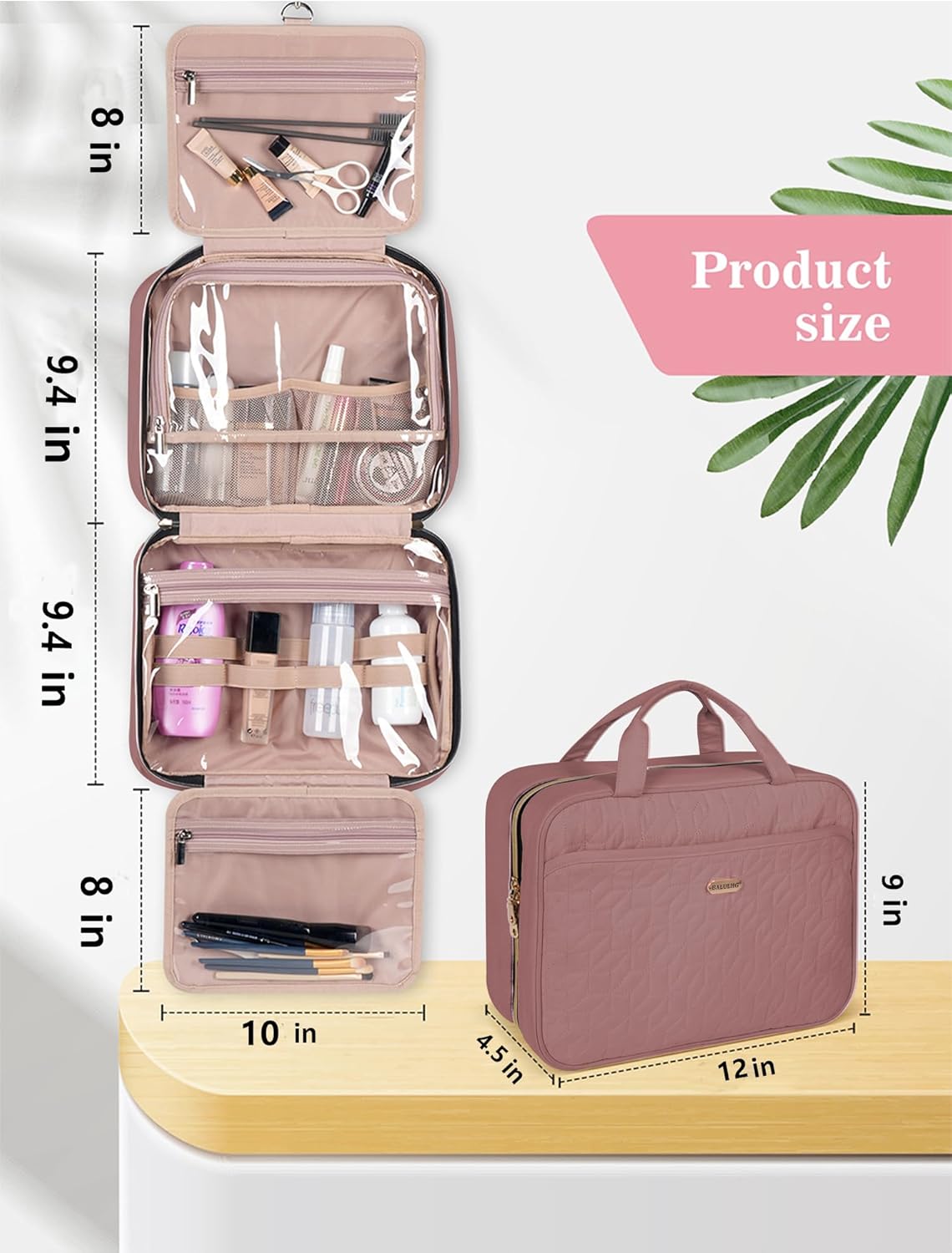 Brown Toiletry Bag, Makeup Organizer, Travel Bag For Women Mens Toiletries, Waterproof with Hanging Hook, Large Capacity