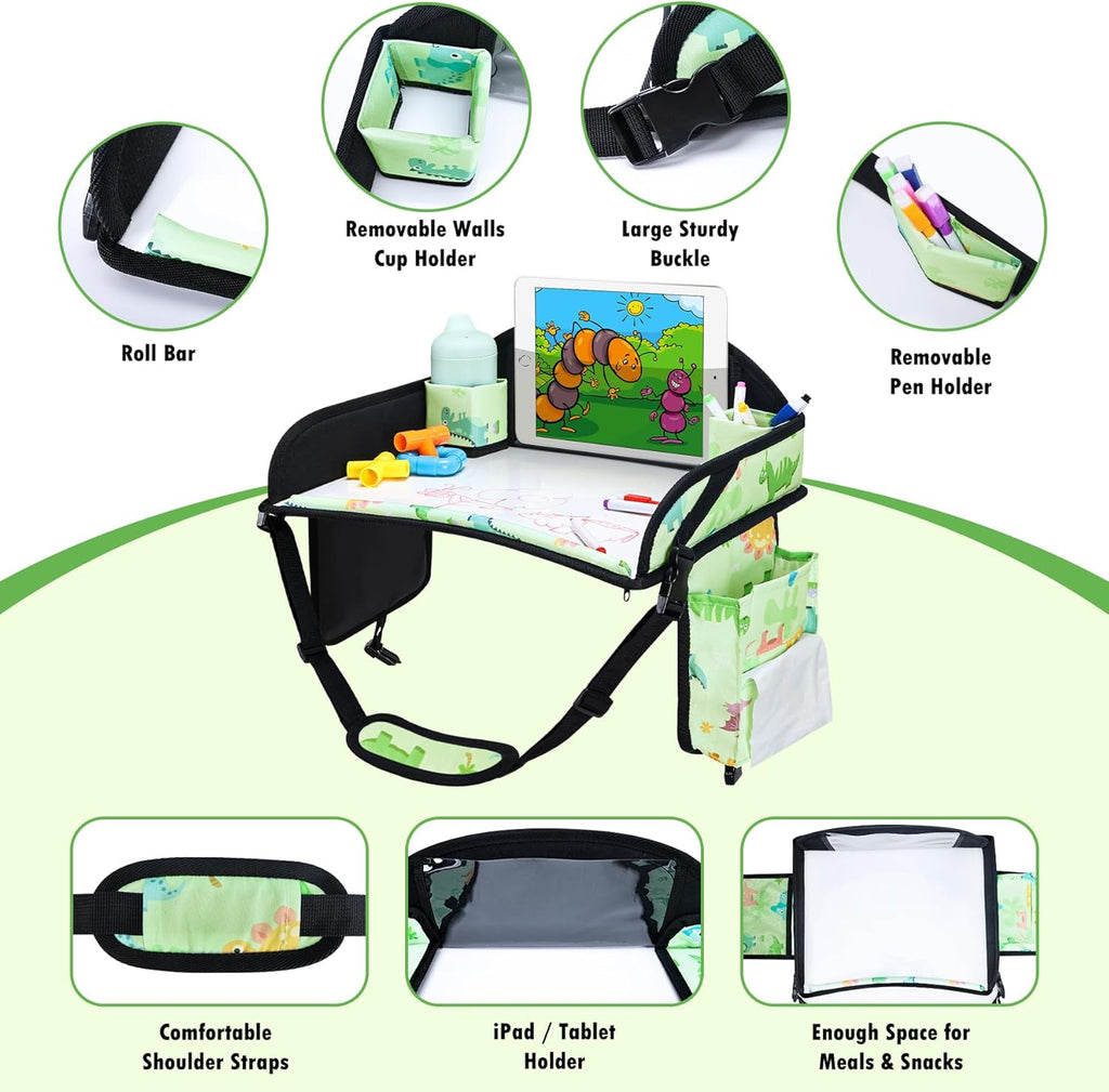 Kids Travel Tray, Travel Tray for Kids Car Seat, Toddler Car Seat Lap Tray, Carseat Tray for Kids Travel, Carseat Table Tray for Kids Travel Activities (Green)