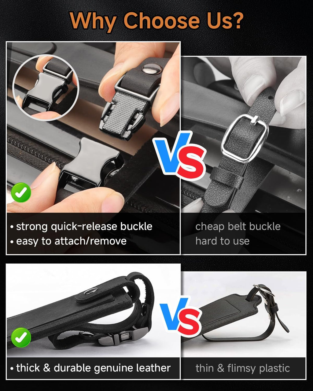 Premium Genuine Leather Luggage Tags for Suitcases - Quick Release, Privacy Protection, Elegant and Durable, Travel Essential Luggage Tag - 2 Pack Black