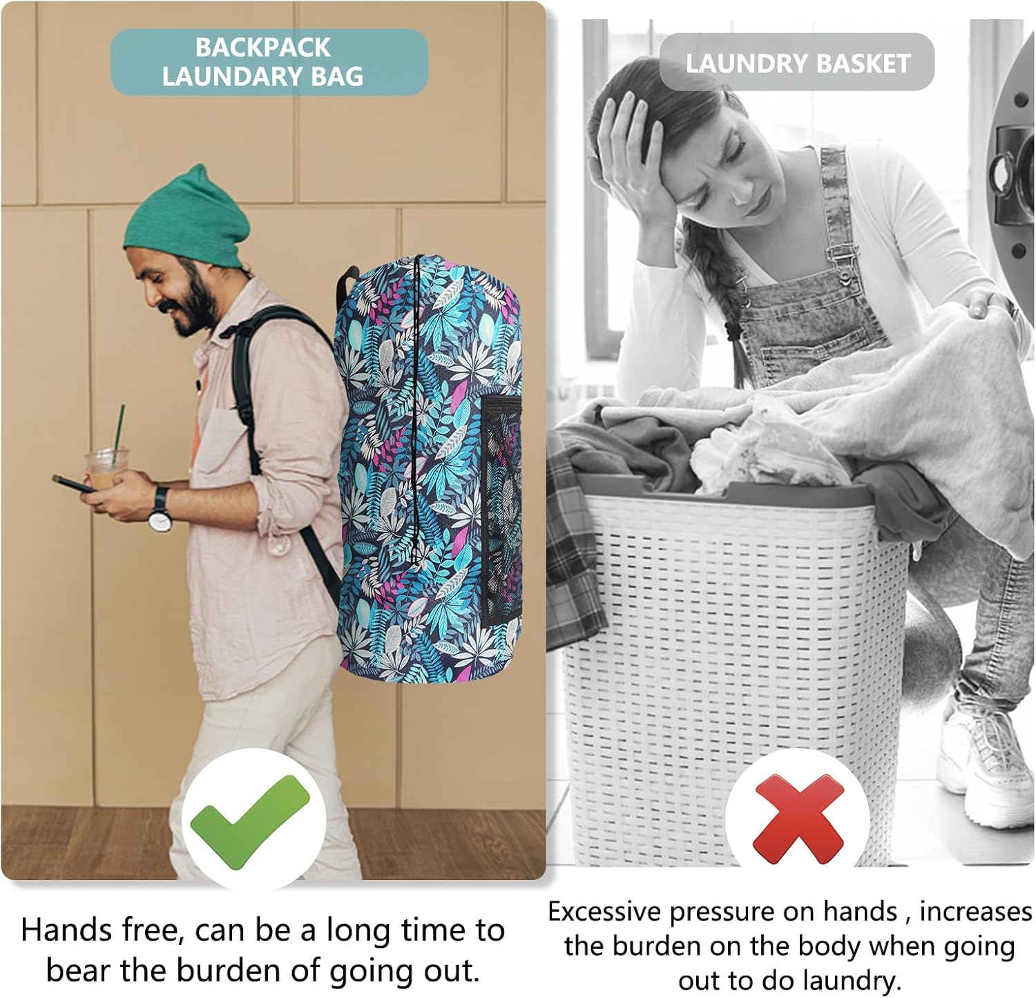 Portable with Adjustable Shoulder Straps Travel Dirty Laundry Bag,with Drawstring Closure & Mesh Pocket Backpack Laundry Bag for College,Apartment,Camping(Green Leaf)