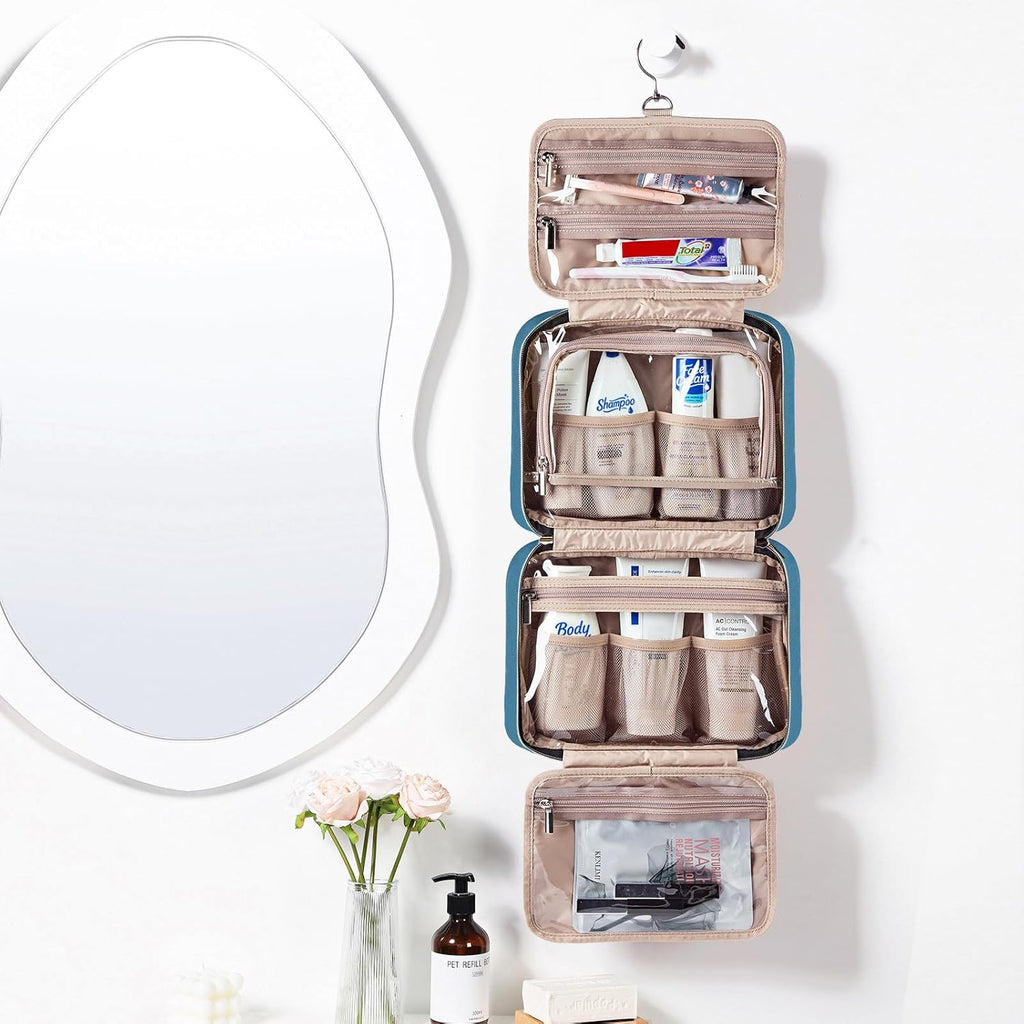 NISHEL Travel Toiletry Bag for women, Portable Hanging Organizer for Full-Sized Shampoo, Conditioner, Brushes Set, Makeup Accessories, Large Size, Lake-Blue