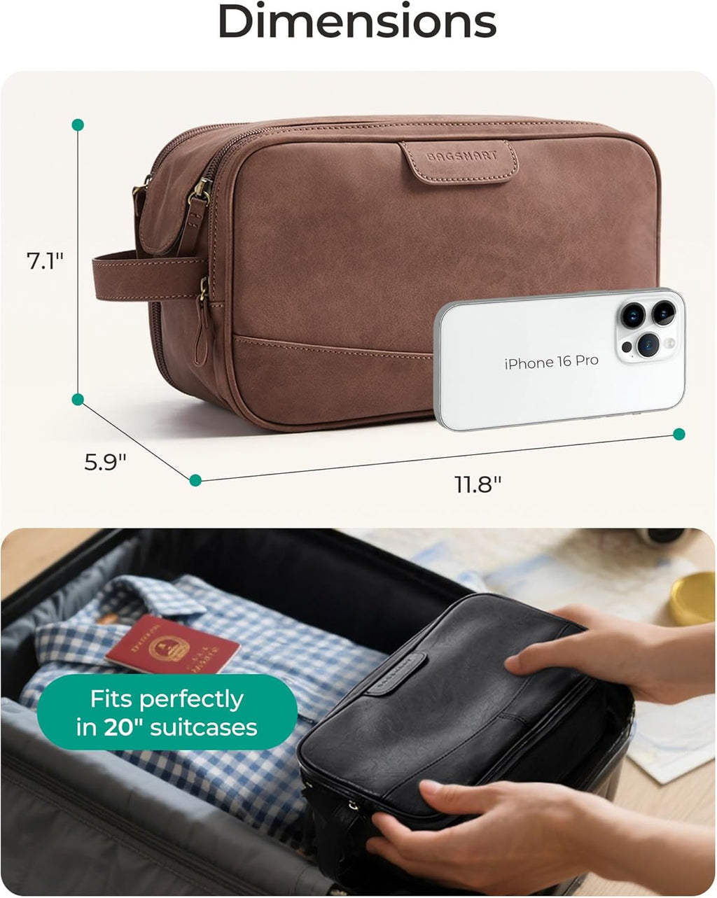 BAGSMART Toiletry Bag for Men, PU Leather Travel Bag for Toiletries, Dopp Kit Water Resistant Shaving Bag for Bathroom Shower-Dark Brown