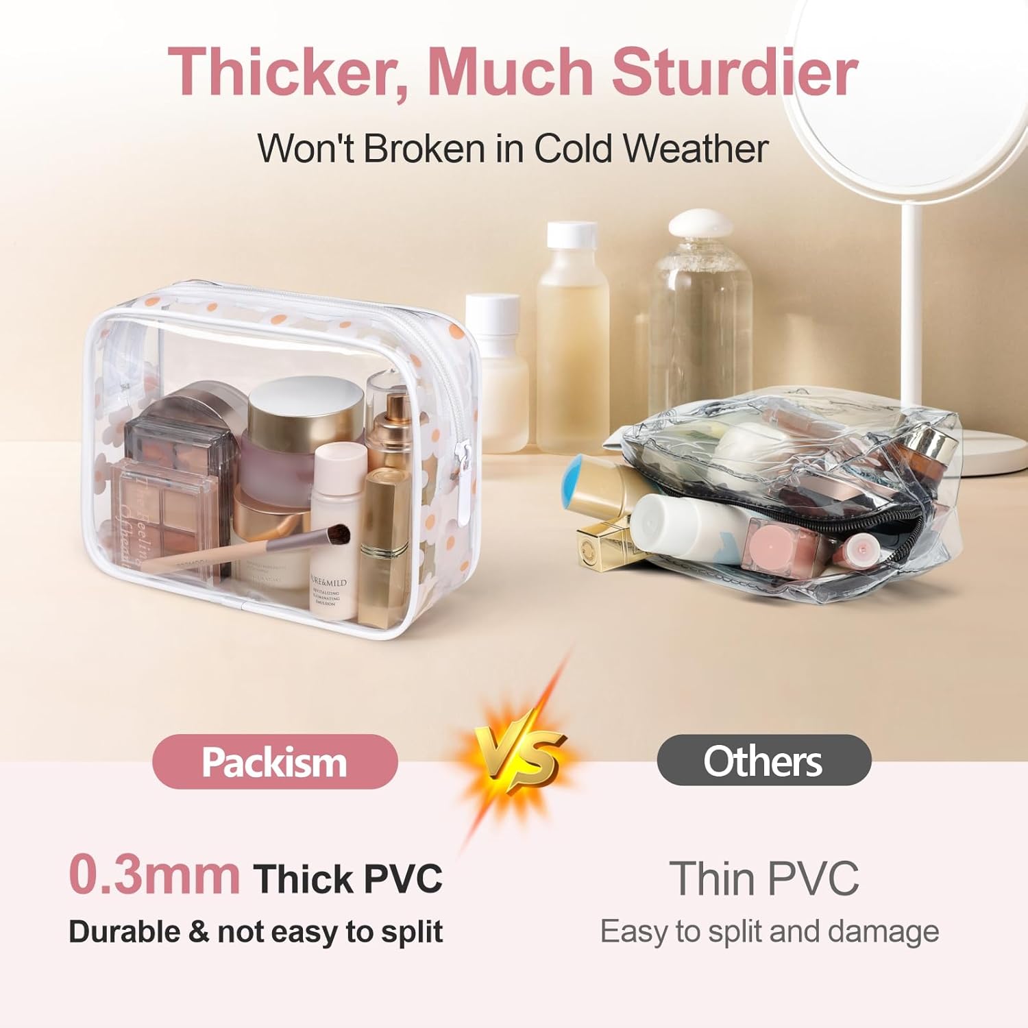 PACKISM TSA Approved Toiletry Bag - White Flower Print Clear Makeup Bag, Suitable for Gifts, with Supporting Frame, Perfect Valentines Day Gifts for Her, Thick No Smell