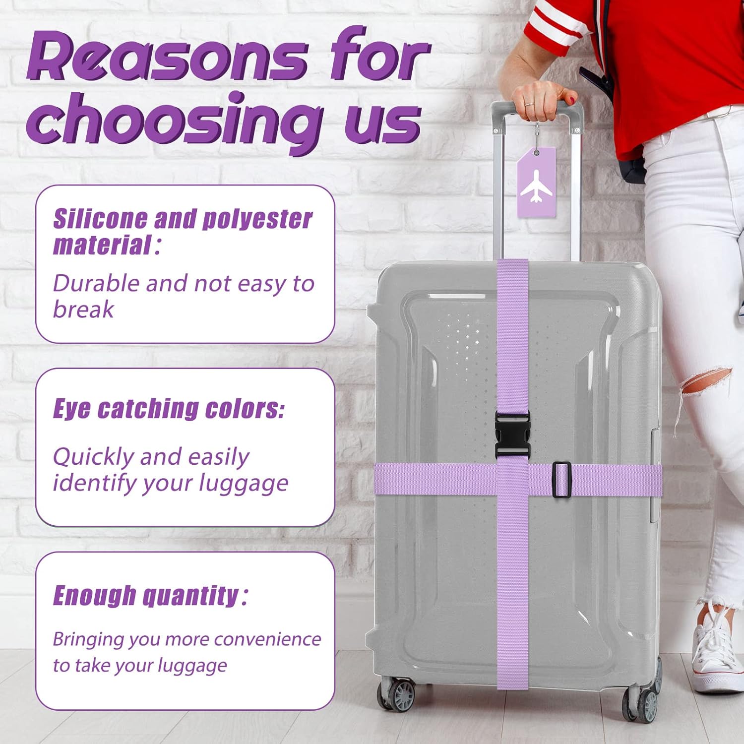 Weewooday 8 Pcs Luggage Straps Suitcase Tags Set for TSA Approved, 4 Travel Adjustable Suitcase Belt, 4 Silicone Luggage Tags with Name ID Card Travel Accessories(Light Purple,Airplane)