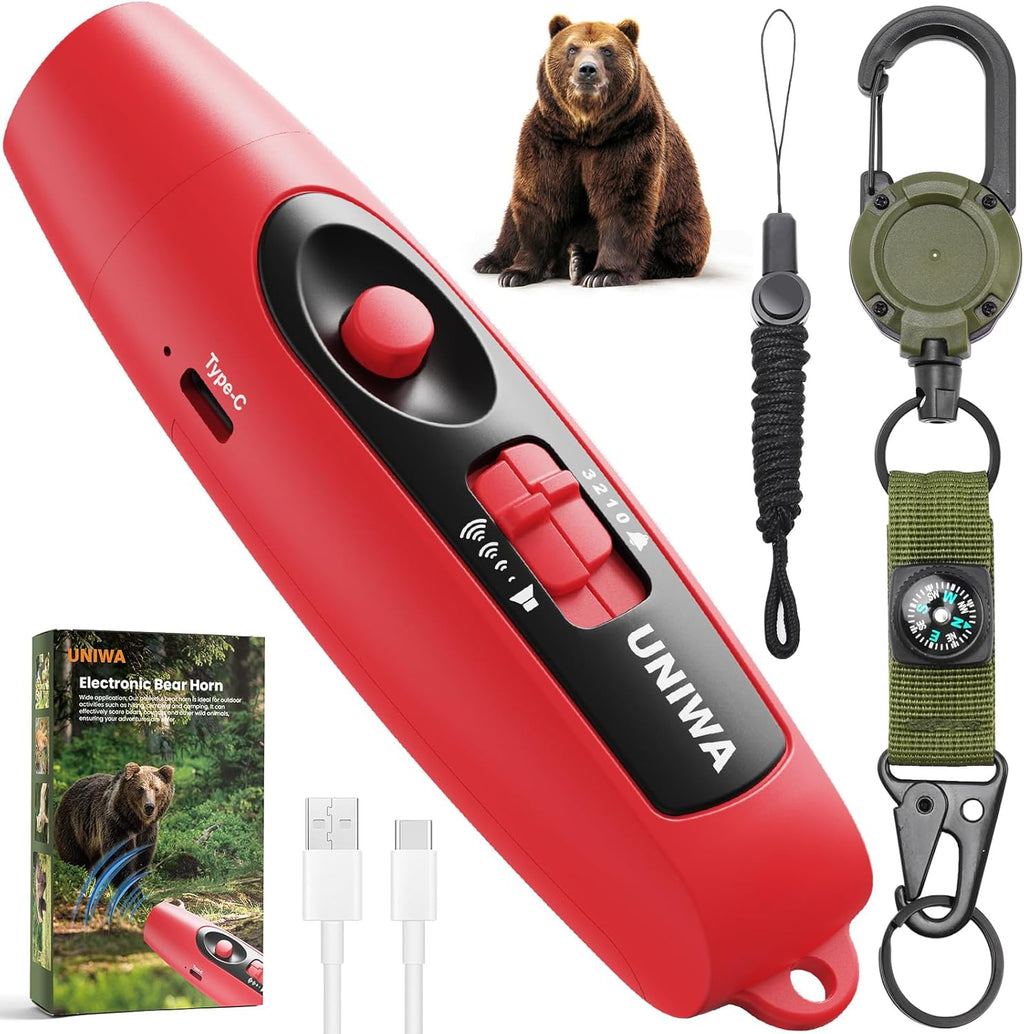 UNIWA Electronic Air Bear Horn, 120±5 dB Loud Air Horn for Safety Hiking Camping Emergency Whistle with Compass, Bear Horn to Scare Bears - Self Defense for Hiking -Red