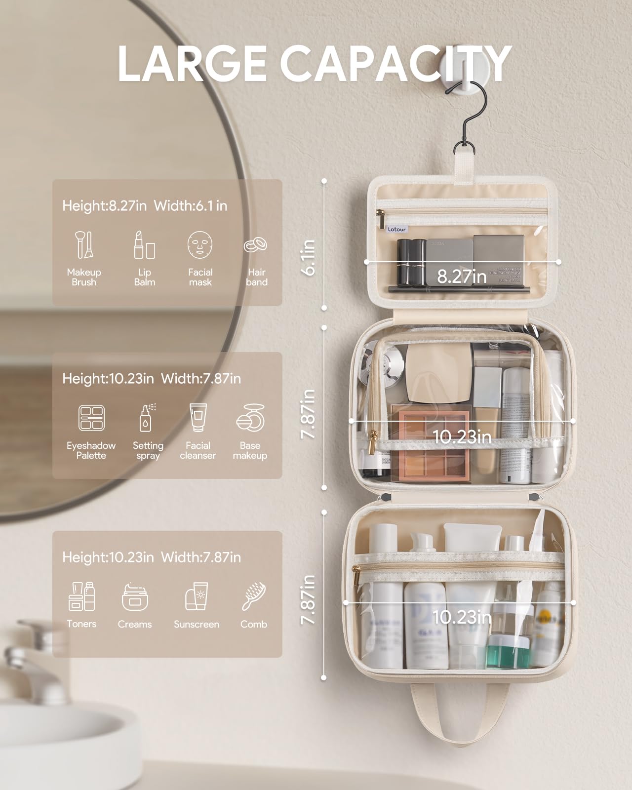 Lotour Travel Toiletry Bag for Women with Travel Size Silicone Containers Set, Hanging Toiletry Bag for toiletries, Cosmetic Bag Travel Organizer (White)