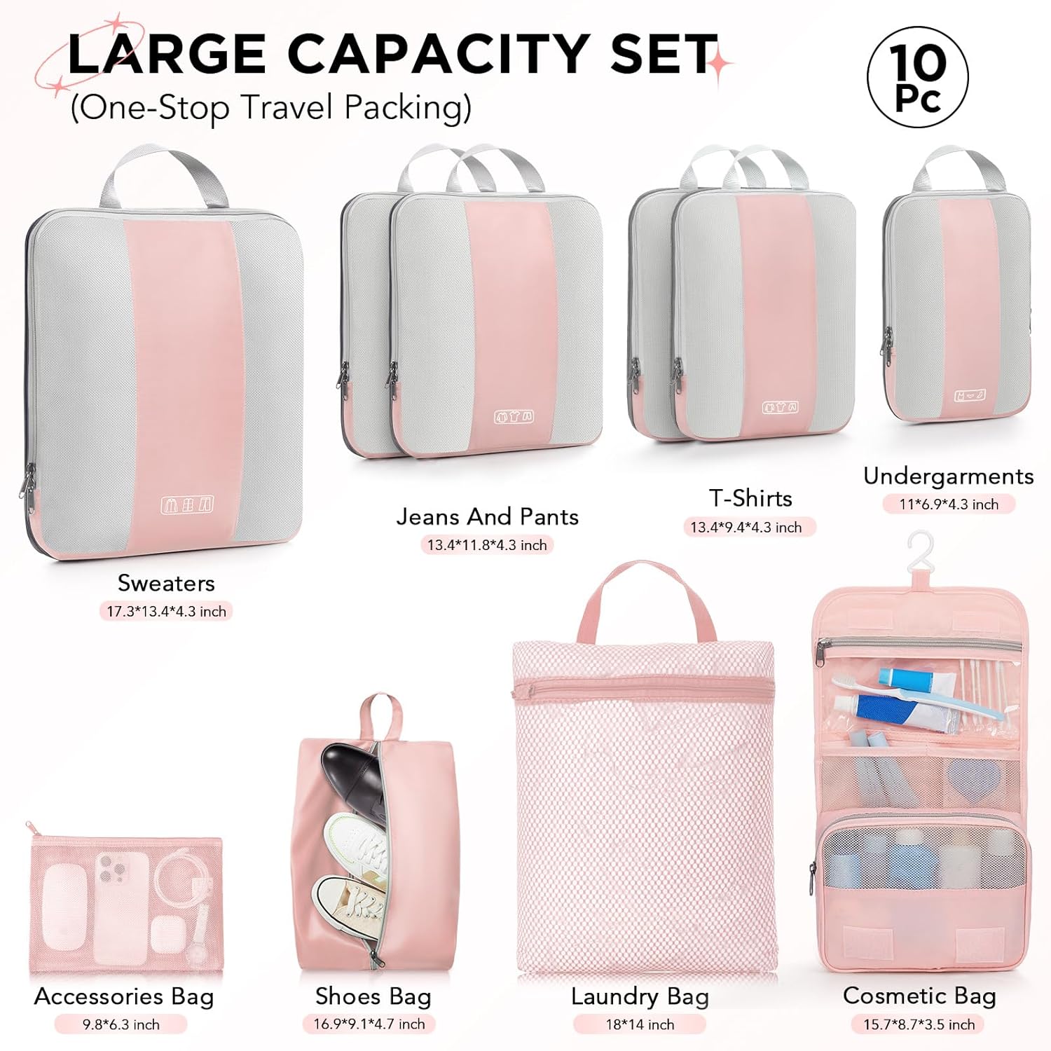 10 Set Compression Packing Cubes for Travel Essentials Women Mom,Compressible Expandable Packing Cubes for Suitcase,OlarHike Luggage Organizer Bags for Travel,Handy Helper for Organizing Clothes(Pink)