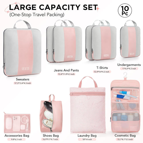 10 Set Compression Packing Cubes for Travel Essentials Women Mom,Compressible Expandable Packing Cubes for Suitcase,OlarHike Luggage Organizer Bags for Travel,Handy Helper for Organizing Clothes(Pink)