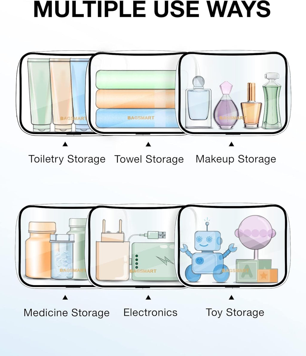 BAGSMART Clear Toiletry Bag, 3 Packs TSA Approved Water Resistant Quart Size Travel Organizer, Airport Airline Travel Essential Carry On Makeup Cosmetic Bags for Women, White