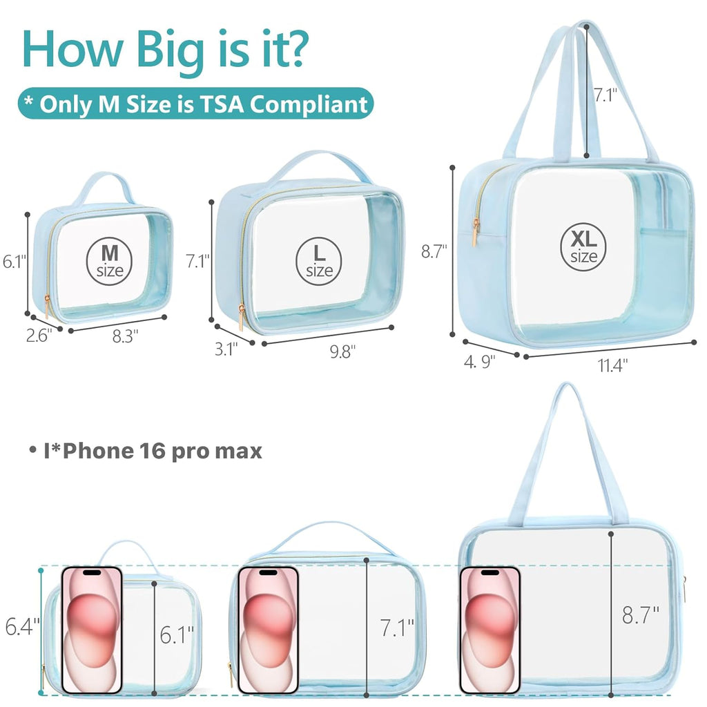 PACKISM Clear Makeup Bag - 3 Pack TSA Approved Toiletry Bag with Handle and 180° Large Opening, Sturdy Clear Toiletry Bag Fit Carry-on Travel Essential, Travel Bags for Toiletries, Ice Blue