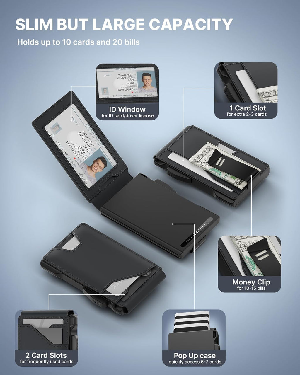 typecase Tactical Wallet for Men Card Holder: Pop Up Card Case, Genuine Leather, Smart, RFID Blocking, Slim, Minimalist, Thin, Front Pocket - 13 Card Capacitiy, ID Window, Money Clip (Dark Black)
