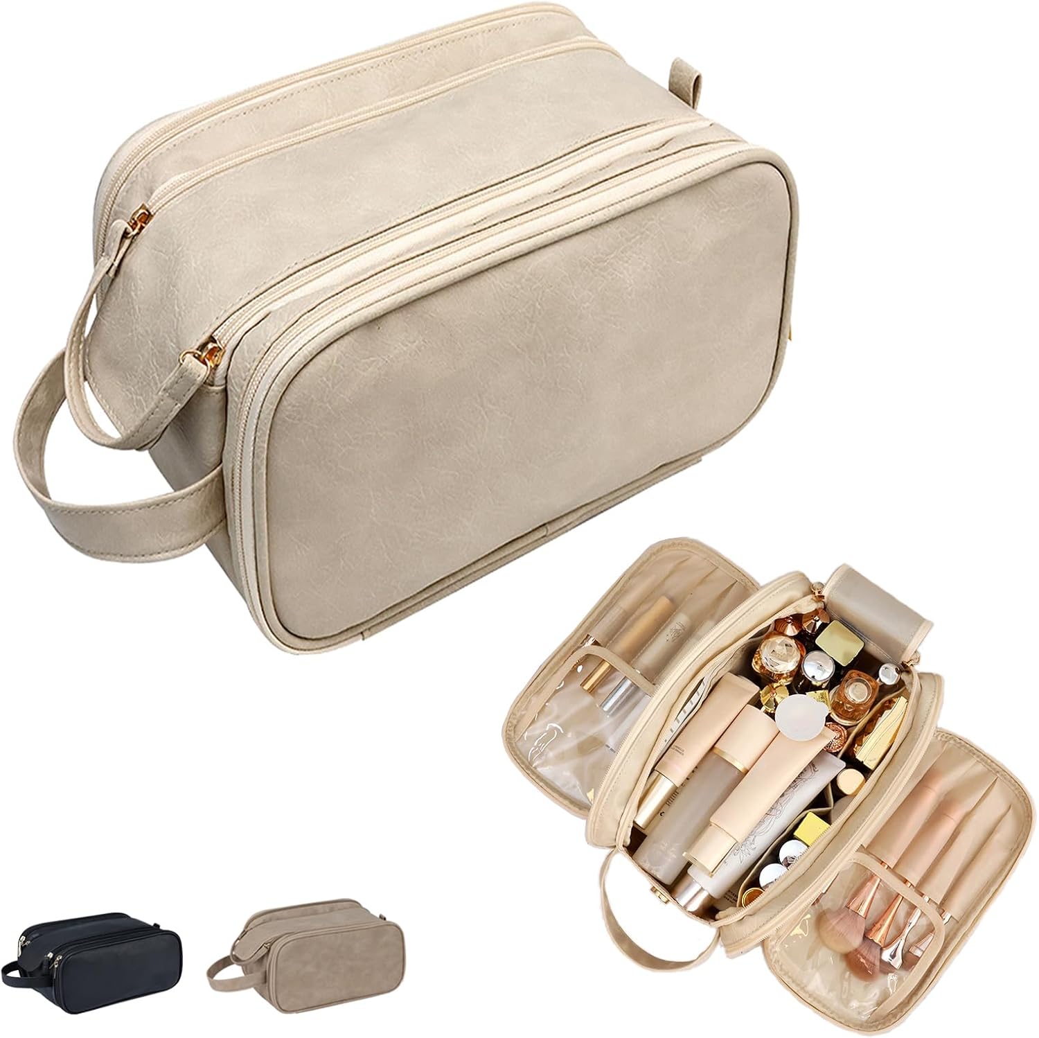 Travel Toiletry Bag for Women PU Triple-layer Double Zipper Toiletry Bags,Toiletries bag Women Waterproof with Handle Stowable Brushes, Toiletries Makeup for Business Trips Camping Bathroom Beige