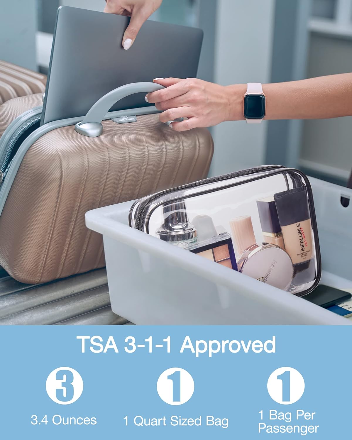 BAGSMART Clear Toiletry Bag, 3 Packs TSA Approved Water resistant Quart Size Travel Organizer, Airport Airline Travel Essential Carry On Makeup Cosmetic Bags for Women, Black