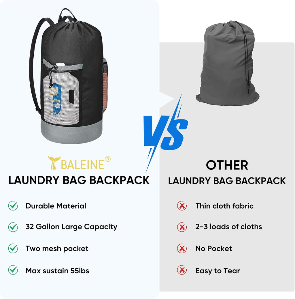 BALEINE 150L Laundry Bag Backpack, 900D Oxford Fabric Large Travel Laundry Bags with Shoulder Straps and 2 Mesh Pockets for College Dorm, Apartment, Laundromat (Black, 150L)
