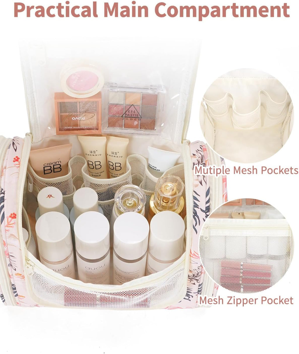 Narwey Hanging Toiletry Bag for Women Travel Makeup Bag Organizer Toiletries Bag for Cosmetics Essentials Accessories (Large, Beige Bird)