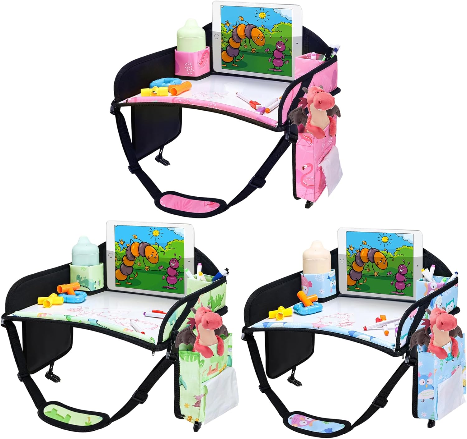 Kids Travel Tray, 3PCS Car Seat Tray for kids Travel, Toddler Road Trip Essentials With Drawing Kit, Toddler Lap Desk Organizer for Car, Carseat Table for Airplane