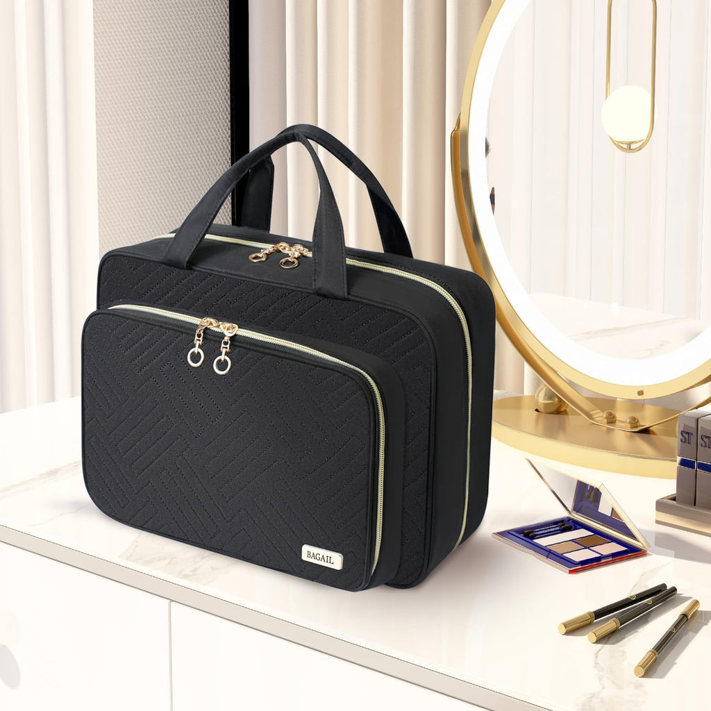 BAGAIL Hanging Toiletry Bag for Women Water-resistant Cosmetic Bag Large Capacity Travel Makeup Organizer for Full-Sized Travel Essentials(Standard, Black)