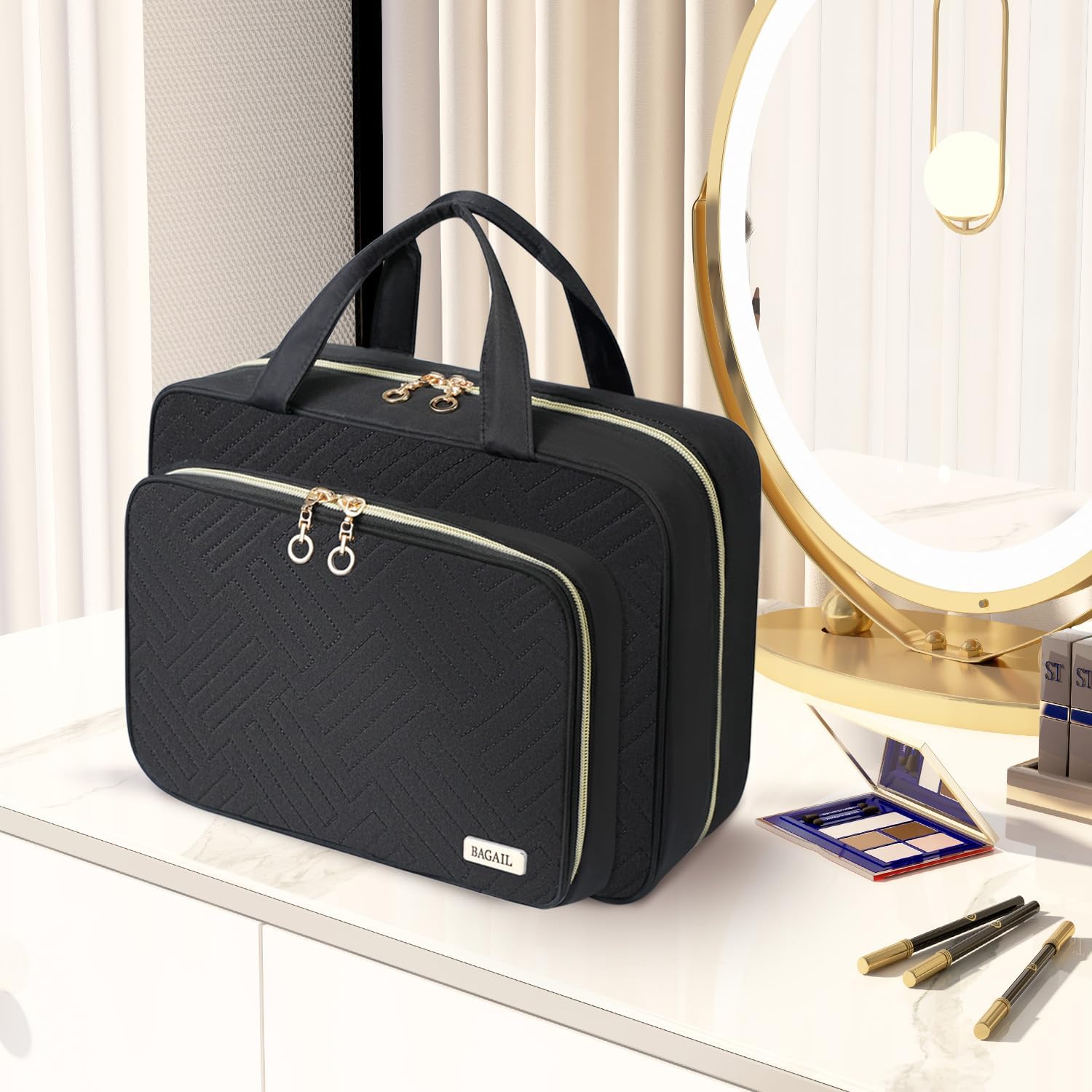 BAGAIL Hanging Toiletry Bag for Women Water-resistant Cosmetic Bag Large Capacity Travel Makeup Organizer for Full-Sized Travel Essentials(Standard, Black)