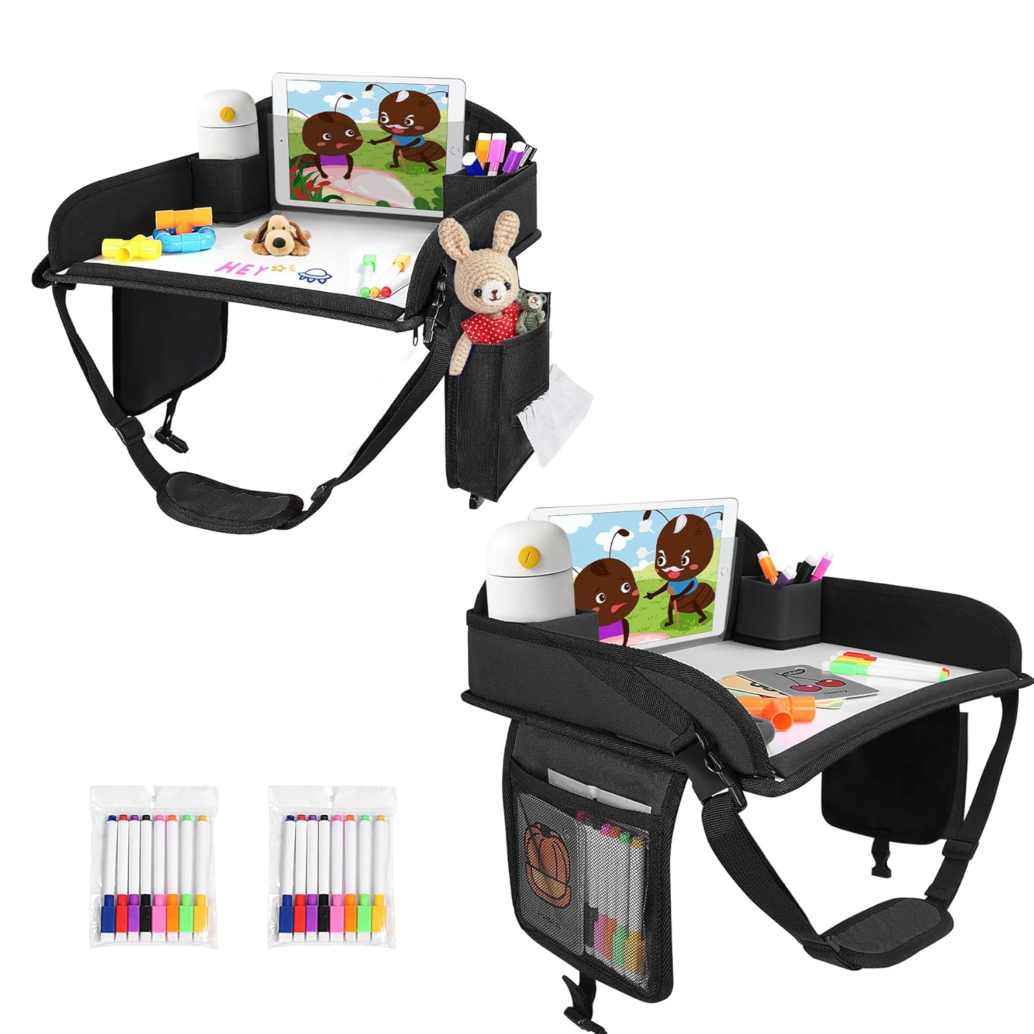 2Pcs ‎Kids Travel Tray, Kids Travel Trays for Car Seat, Road Trip Essentials for Toddler, Carseat Lap Tray with Dry Erase Board & Storage Organizer for Road Trip Activities for Kid, Black